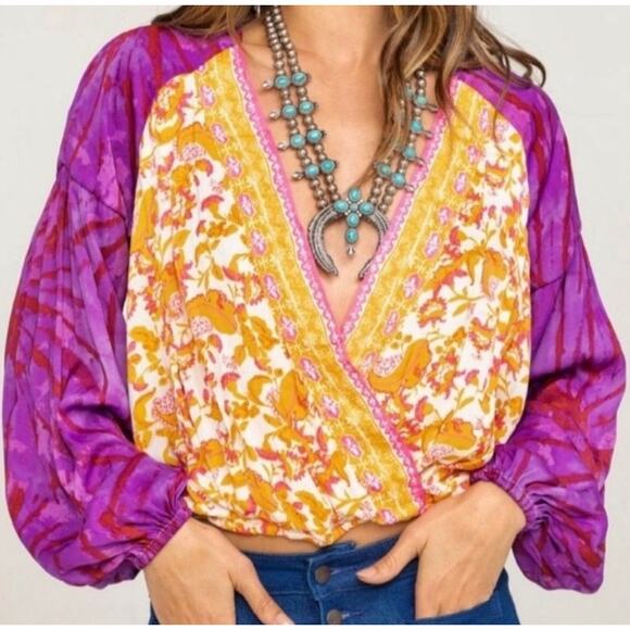Free People Crusin Together Faux Wrap Mix Print Long Sleeve Blouse Small - Picture 1 of 5